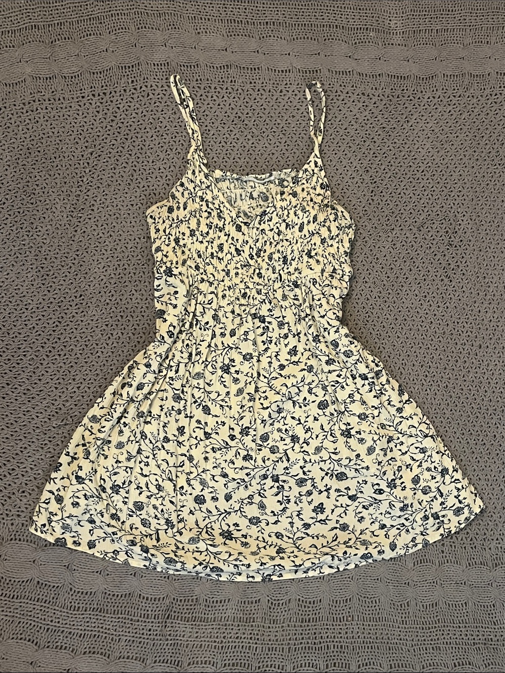 Timing • Cream Floral Sundress with Navy Vine Print
